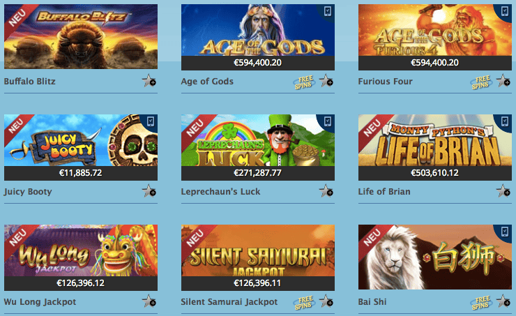 Auswahl an Spielautomaten des Europaplay Casinos