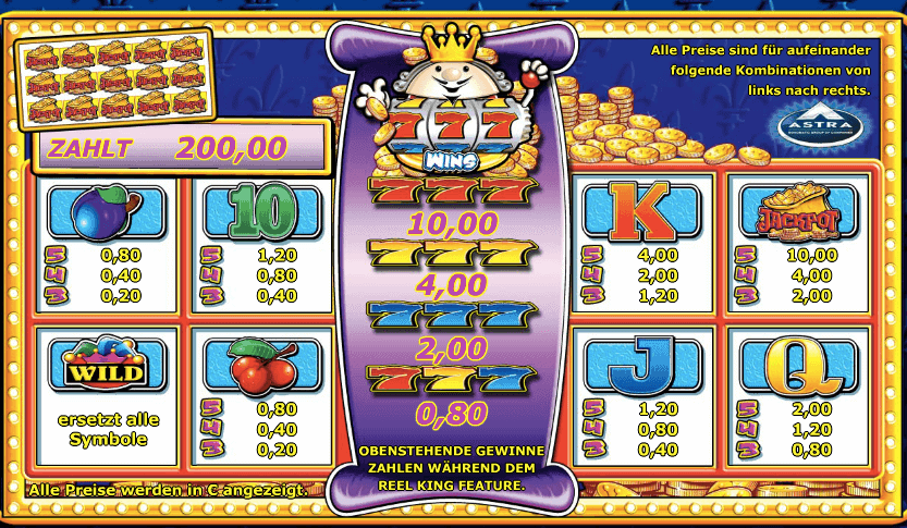 Gewinnübersicht und alle Symbole des Reel King online Spielautomaten