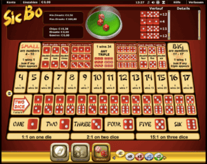 Aufbau des Spielebretts von Sic Bo im Stargames Casino