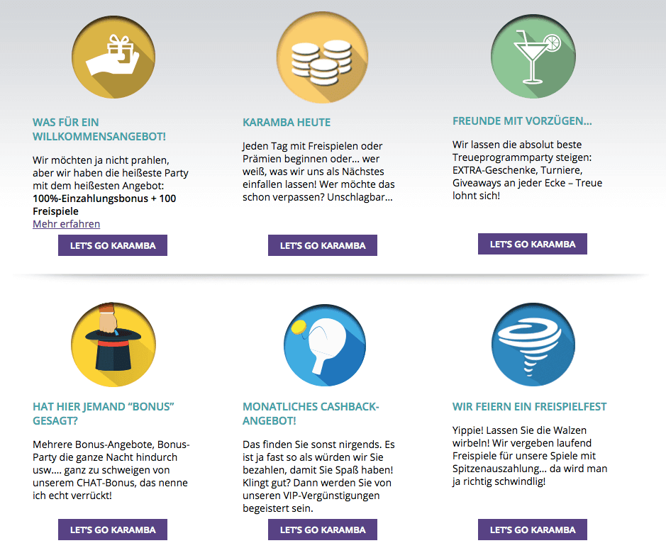 Auswahl der Bonusangebote im Karamba Casino