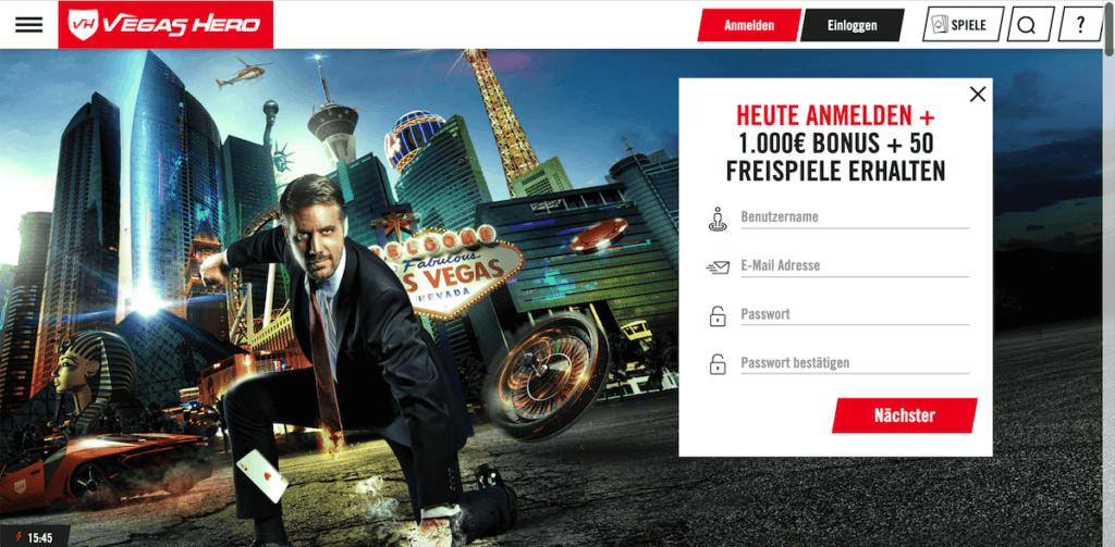 Vegas Hero - Startseite des Online Casinos